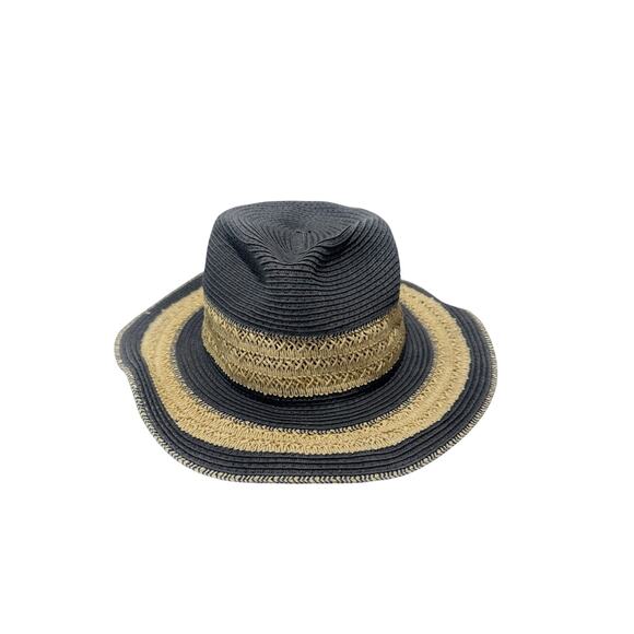 14th & Union One Size Woven Striped Blue Natural Wide Brim Boho Chic Straw Hat - Picture 1 of 3